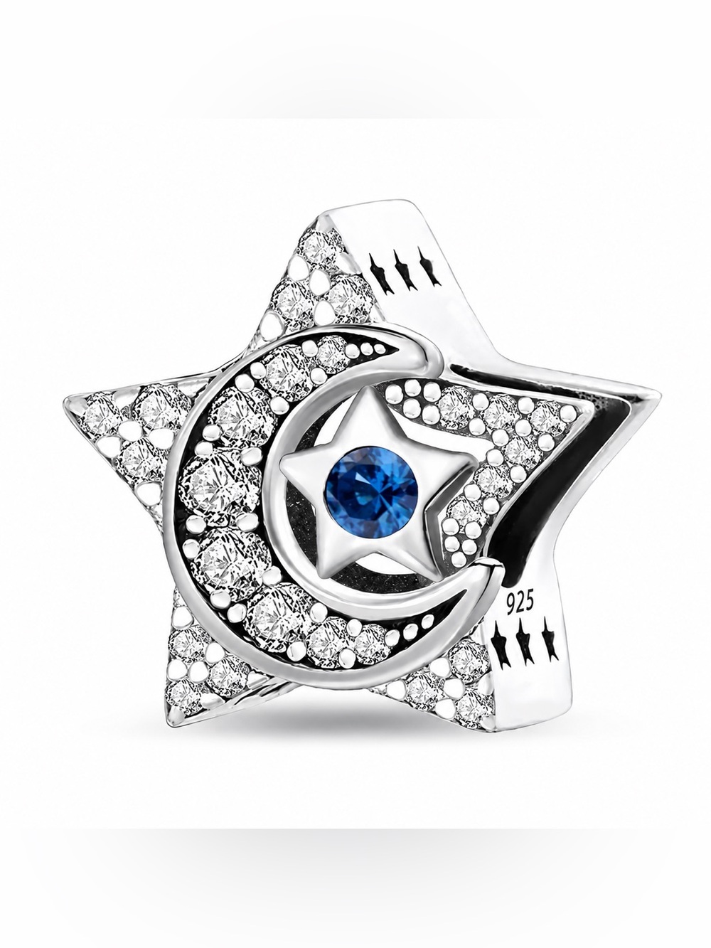 Sterling Silver Celestial Moon & Star CZ Charm Blue Crystal-NEW